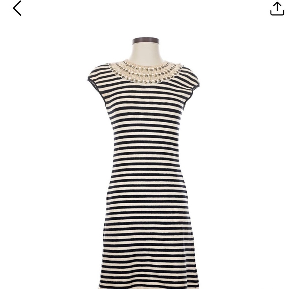 Tory Burch Navy Cream Striped Embellished Neckline Knit Sheath Dress X